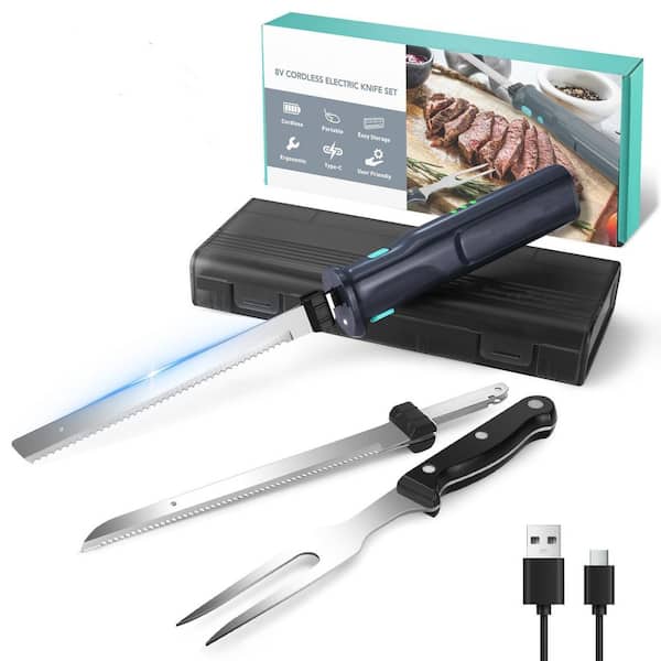 8 in. Stainless Steel Electric Knife Set with Safety Lock and Storage Case, 8V Electric Carving Knife for Fish, Bread