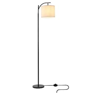 68.90 in. Matte Black Modern Lantern Floor Lamp with Beige Fabric Drum Shade, Lamp Kit Not Included
