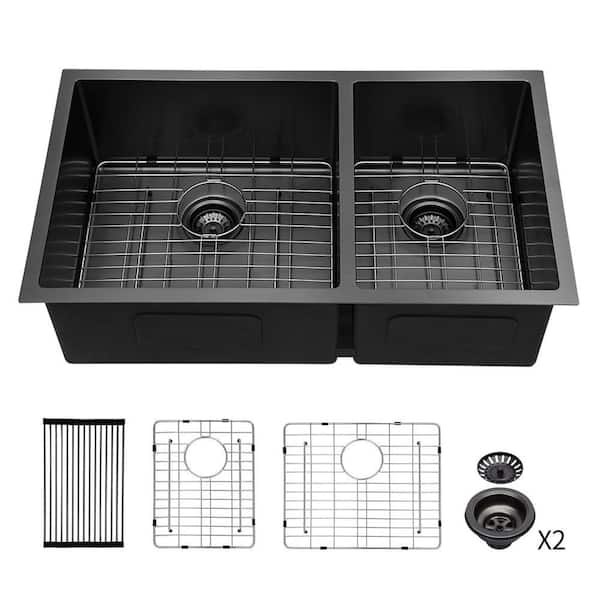 33 in. Undermount Double Bowl (60/40) 16-Gauge Gunmetal Black Stainless Steel Kitchen Sink with Drying Rack