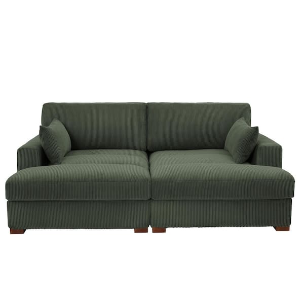 Uixe 83.9 in. Modern Square Arm Corduroy Fabric Upholstered Sectional Sofa in. Green With Two Pillows And Wood Leg