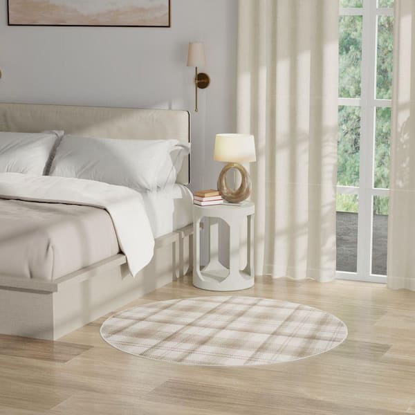 Grafix Ivory Beige 4 ft. x 4 ft. Plaid Contemporary Round Area Rug