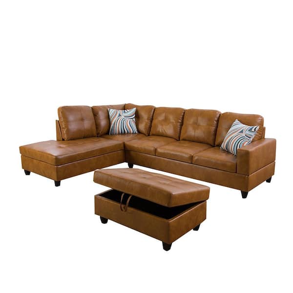 74.5in. W Square Arm 3-Piece Faux Leather L Shaped Sectional Sofa in Brown  with Ottoman