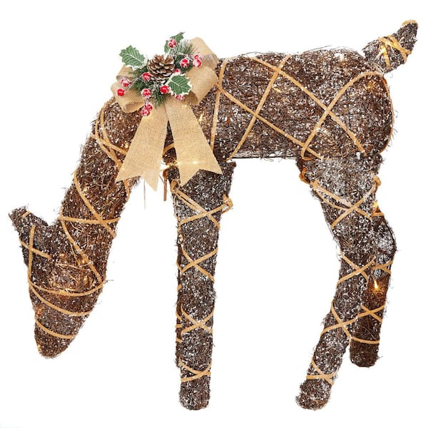 29 in. Tall Natural Twig Rattan Christmas Grazing Deer with Warm White LED Lights