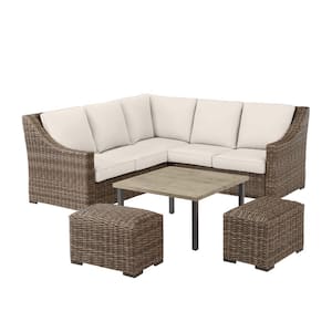 Rock Cliff 6-Piece Brown Wicker Outdoor Patio Sectional Sofa Set with Ottoman and CushionGuard Almond Tan Cushions