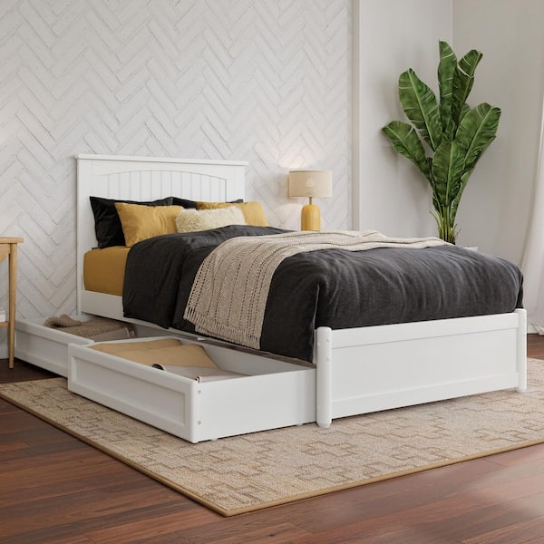 Malta White Solid Wood Frame Twin XL Platform Bed with Panel Footboard and Storage Drawers