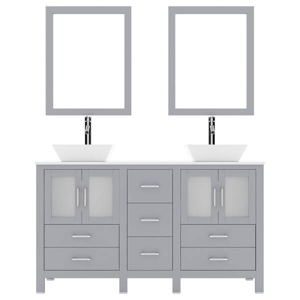 Virtu USA Bradford 60 in. W Bath Vanity in Gray with White Engineered Stone Vanity Top with White Basins and Mirror