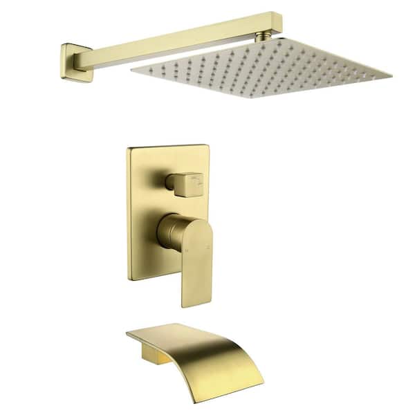 FORCLOVER Single Handle 1 -Spray Waterfall Tub and Shower Faucet 2.5 GPM with 10 in. Shower Head in Brushed Gold Valve Included