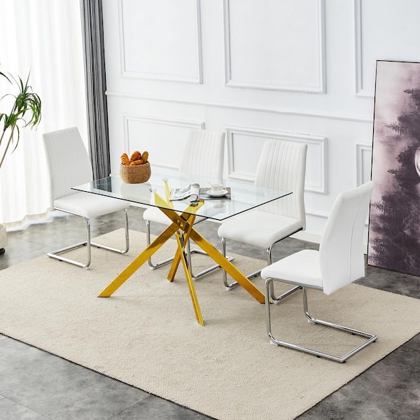 51.18 in. Rectangular Clear Tempered Glass Table with Golden Metal Cross Legs Dining Table, Seating Capacity 4-6 people
