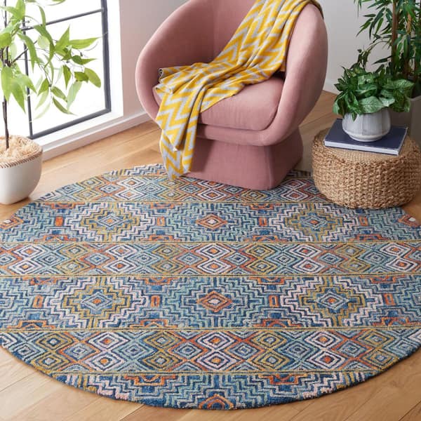 Aspen Blue/Gold 9 ft. x 9 ft. Bohemian Geometric Round Area Rug