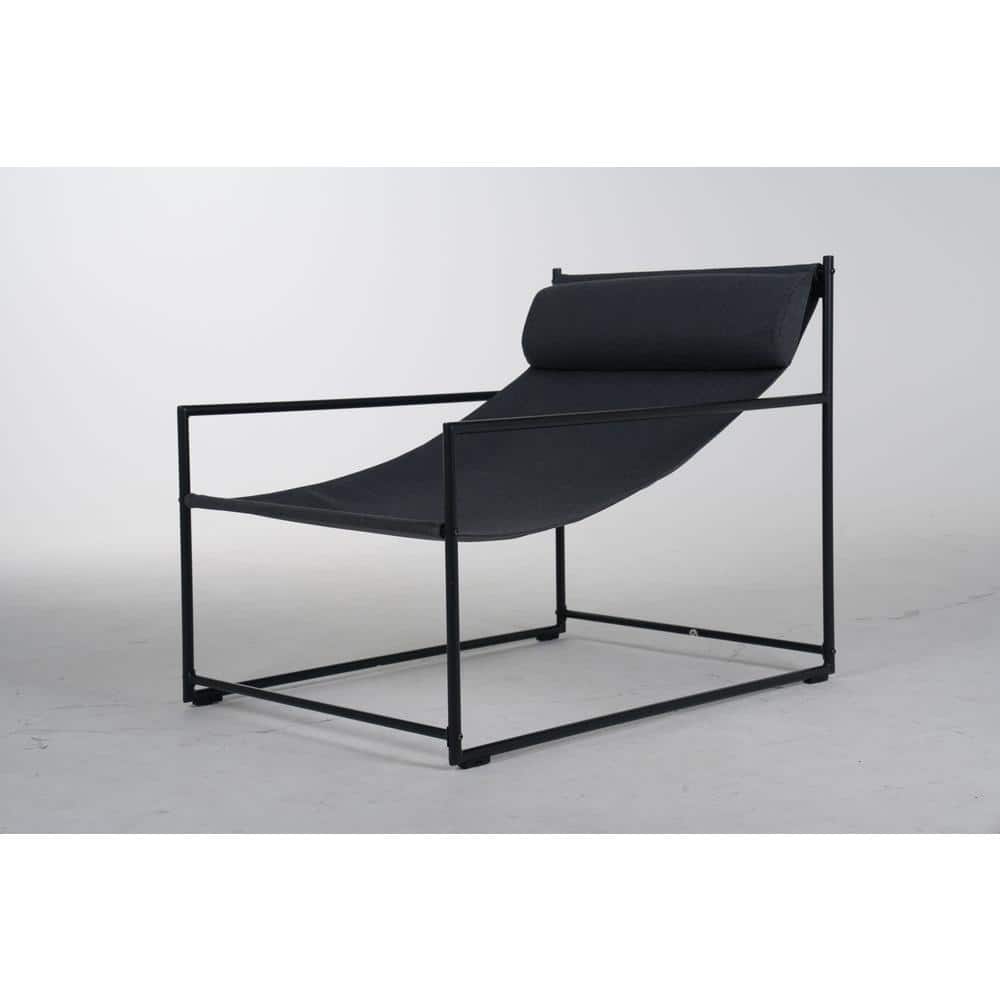 Modern Black Iron Outdoor Chaise Lounge with Arms