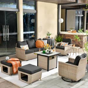 Hera 7-Piece Wicker Outdoor Patio Fire Pit Seating Sofa Set with Black Cushions and Swivel Rocking Chairs