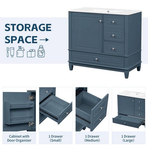 Ziyudura 36 in. Single Sink Freestanding Blue Bath Vanity with