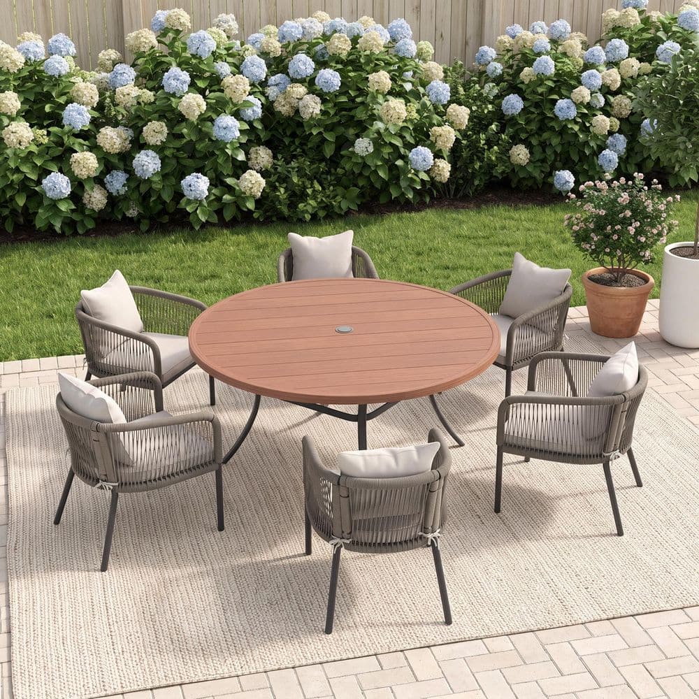 7-Piece 50 in. Walnut Metal Round Slatted Patio Outdoor Dining Set with 6 Gray Wicker Rope Chairs with White Cushions price history on PriceWatchPro