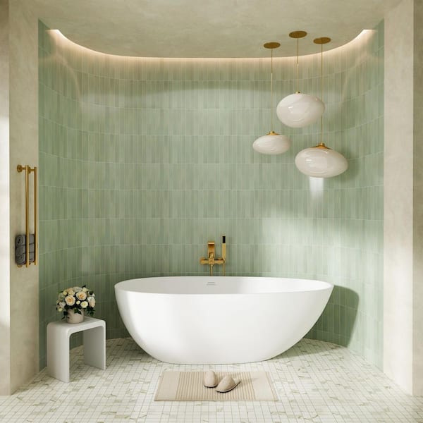 59 in. x 22 in. Solid Surface Stone Resin Stand Alone Freestanding Soaking Bathtub in Matte White with Center Drain