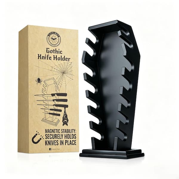 Rustic Gothic Coffin 7-Knife Block Wood Magnetic Storage Holder with 14 Strong Magnets for Kitchen Decor