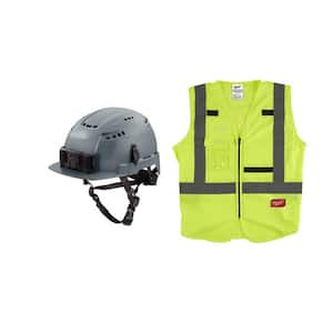 BOLT Gray Type 2 Class C Front Brim Vented Safety Helmet w/4XL/5XL Yellow Class 2-High Vis. Safety Vest w/10-Pockets