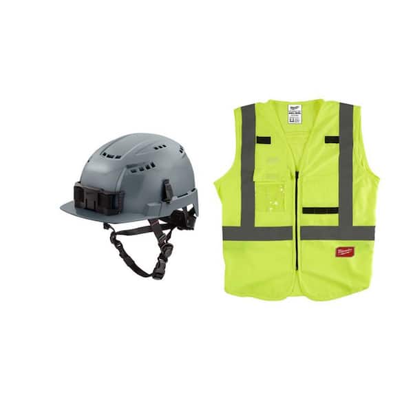 Milwaukee BOLT Gray Type 2 Class C Front Brim Vented Safety Helmet w/4XL/5XL Yellow Class 2-High Vis. Safety Vest w/10-Pockets