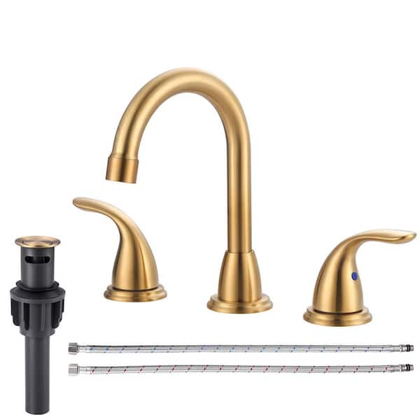AVITAS 8 in. Widespread Double Handle Bathroom Faucet with Drain Kit Included in Gold