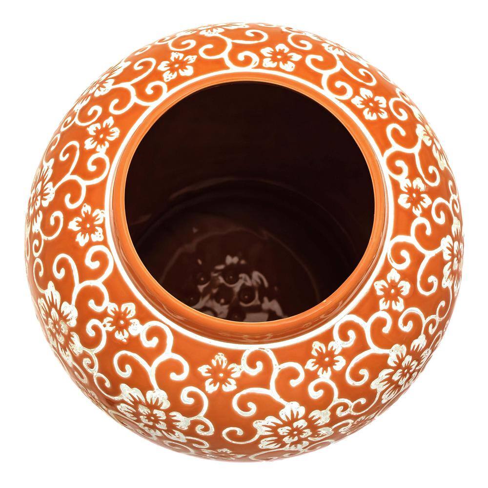 18" Orange and White Floral Porcelain Temple Jar