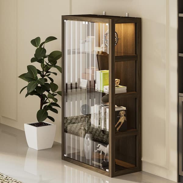 63 in. Tall Brown Wood Grain 4-Shelf Accent Storage Bookcase, Storage Cabinet with Light, Glass Doors and Glass Shelves