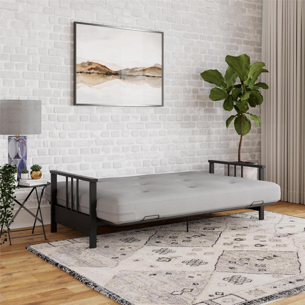 Harlow Full Black Metal Arm Tufted Herringbone Futon