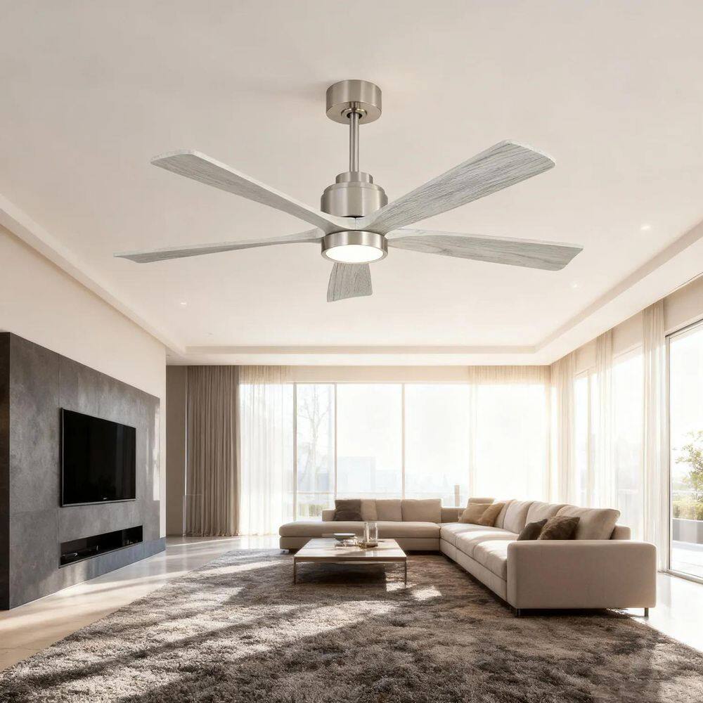 52 in. Integrated LED Indoor/Outdoor Downrod Mount Brushed Nickel Standard Ceiling Fan with Light and Remote Included price history on PriceWatchPro