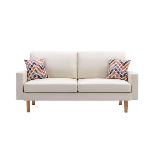 Benjara Crisp Soft Beige and Brown Square Arm Linen Upholstery Modern Contemporary Style Sofa with 2-Pillows