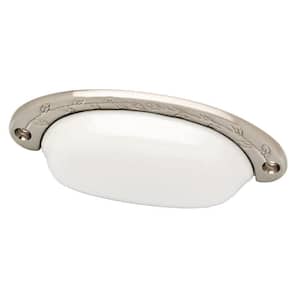 Ceramic Cup 3-3/4 in. (96 mm) White and Satin Nickel Cabinet Drawer Pull