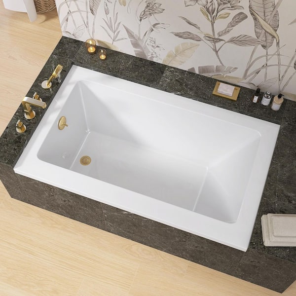 PureDrop 54 in. x 32 in. Acrylic Rectangular Drop-in Soaking Bathtub with Left-Hand Drain Integral Tile Flange in White