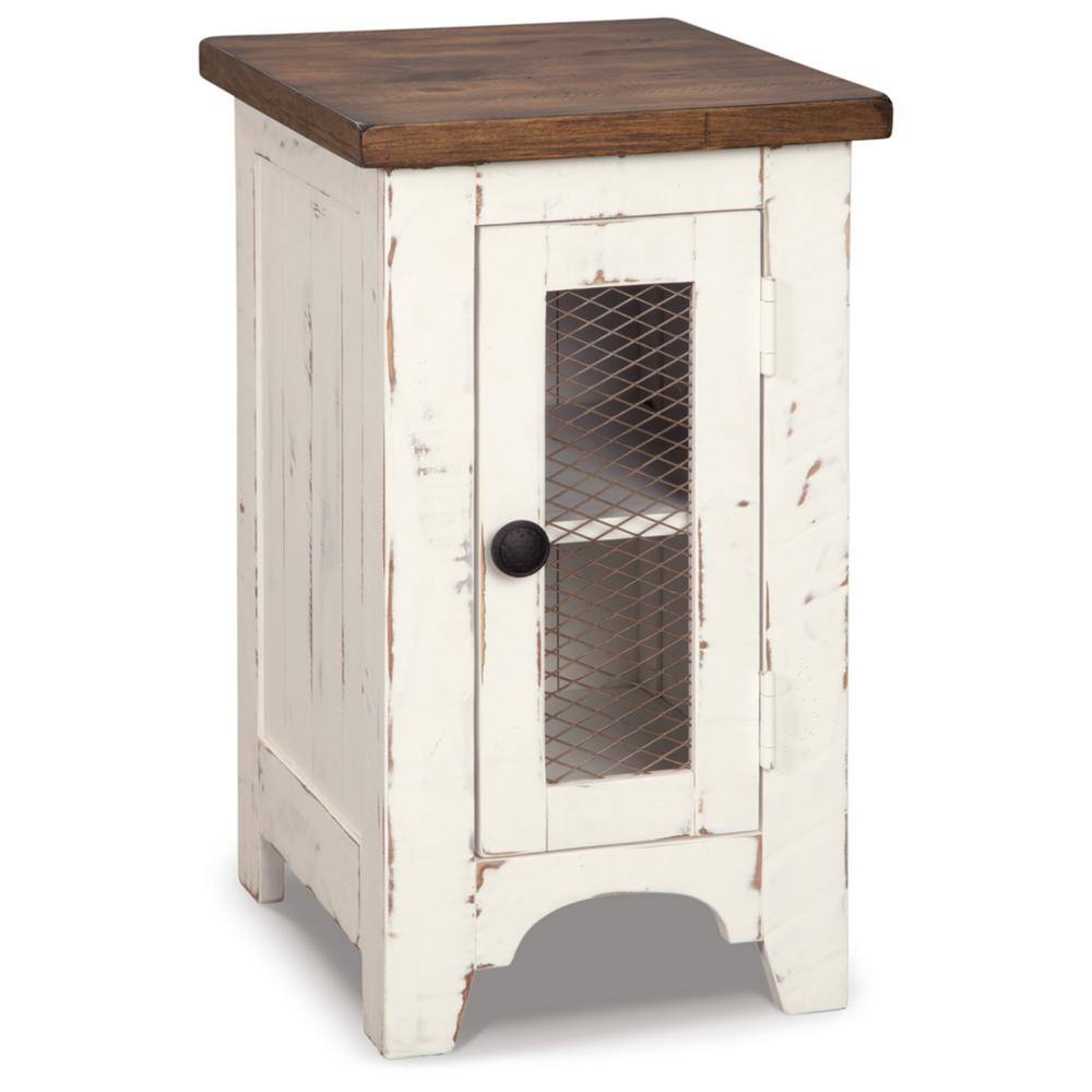 Wystfield 14 in. White/Brown Rectangle Wood Chairside End Table with Cabinet and Shelf