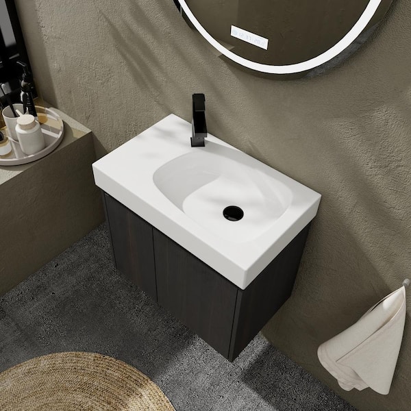 Modern 24 in. W Floating Single Sink Black Bath Vanity with White Ceramic Top