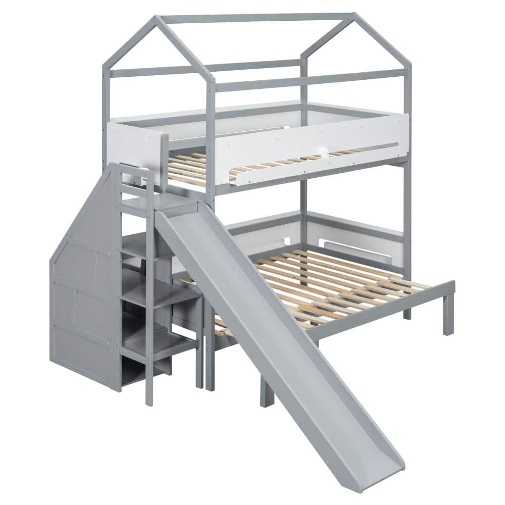 Gray and White Wood Twin over Twin Bunk Bed with Slide, Storage Staircase, Shelves price history on PriceWatchPro