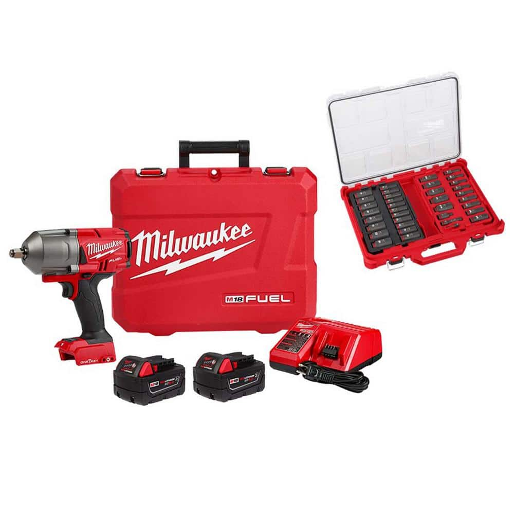 M18 FUEL ONE-KEY 18V Li-Ion Brushless Cordless 1/2 in. High-Torque Impact Wrench with Friction Ring & Impact Socket Set -  Milwaukee, 2863-22R-6803