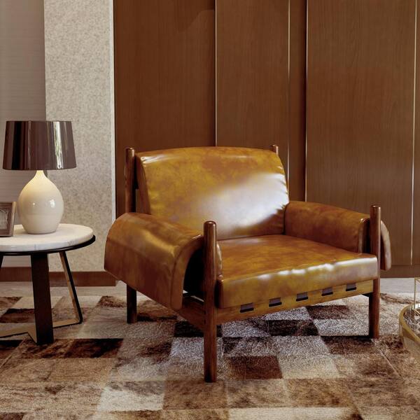 Harper & Bright Designs Rustic Brown Oil Wax Leather Accent Chair with Rubber Wood Legs, Cable Ties, Plastic Foot Caps