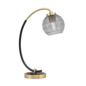 Delgado 18.25 in. Matte Black and New Age Brass Piano Desk Lamp with Smoke Ribbed Glass Shade