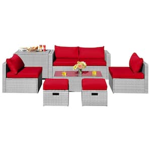 8-Piece All Weather PE Wicker Garden Outdoor Patio Conversation Sofa Set with Red Cushions and Waterproof Cover