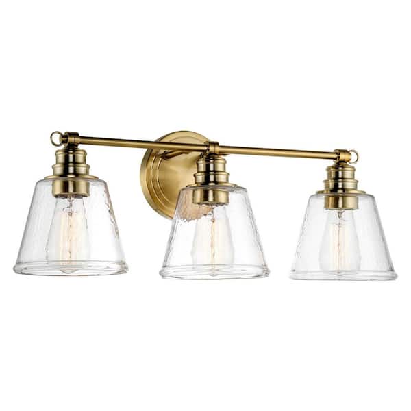 Kira Home Adair 23 in. 3-Light Cool Brass/Gold Modern Vanity Light with Conic Hammered Glass Shades, No Bulb Included
