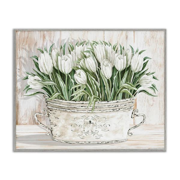 Fresh White Tulip Flowers Vintage by Cindy Jacobs 1-Piece Gray Framed Nature Giclee Art print 14 in. x 11 in.