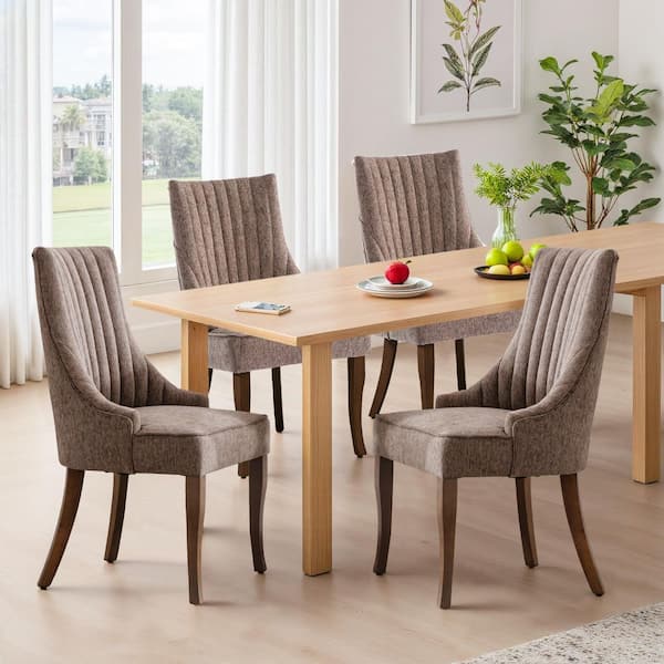 WONDER COMFORT Chic Brown Linen Channel Tufted Back Dining Chairs Set of 4 with Curved Solid Wood Legs for Dining Room