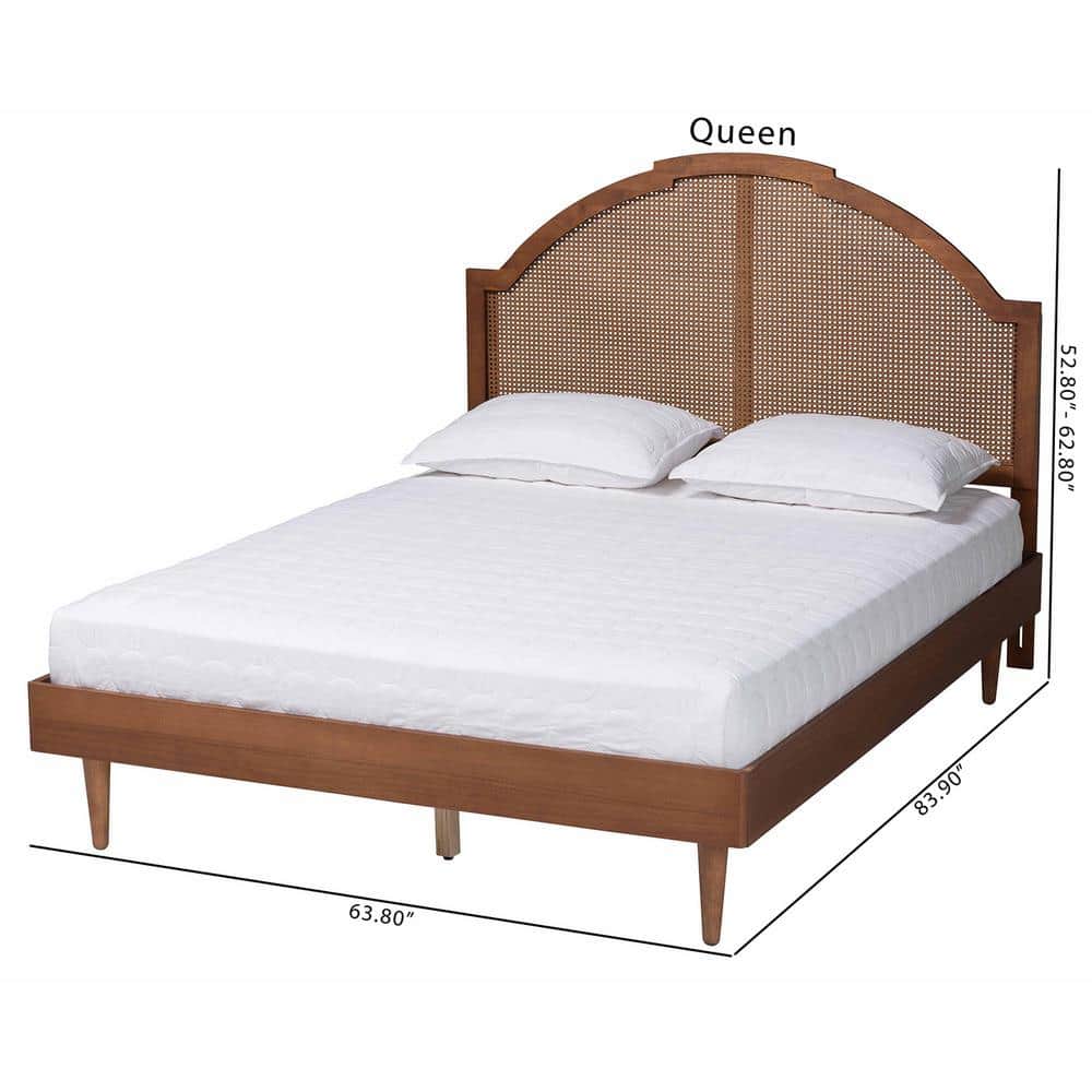 Walnut Brown Queen Wood Frame Platform Bed with Rattan Headboard