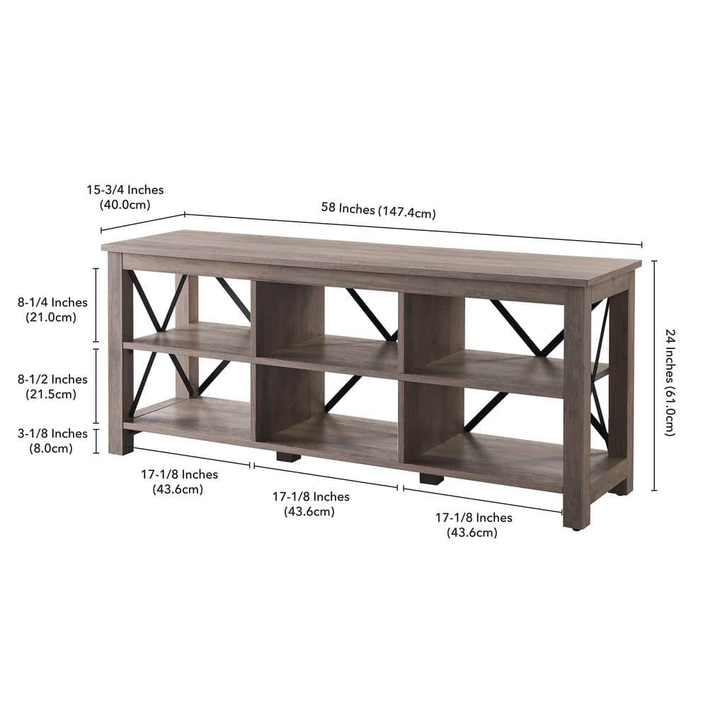 Sawyer Modern Farmhouse 58" TV Stand in Gray Oak with Black Metal Accents