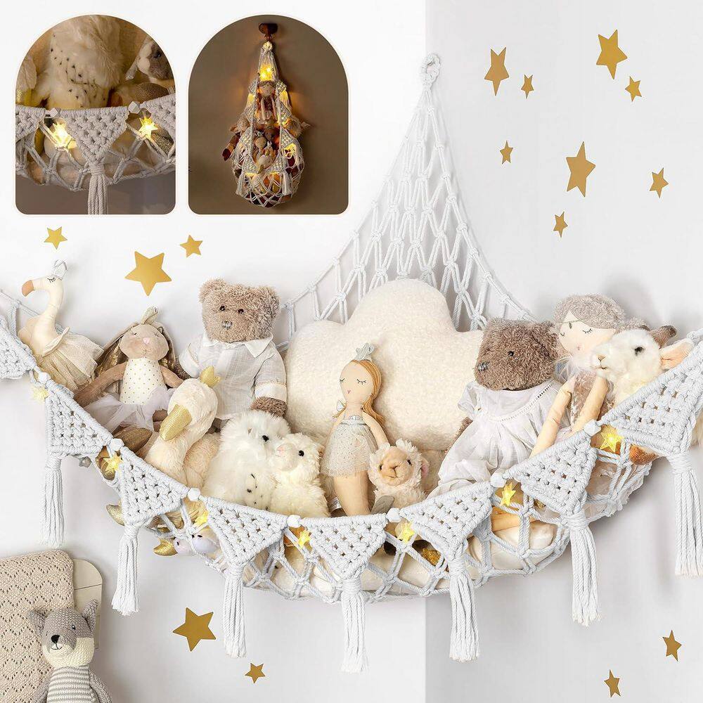 4.67 ft. Portable Corner Hammock with LED Lights and Storage Net in Snow White, Handwoven Cotton Plush Toy Organizer price history on PriceWatchPro