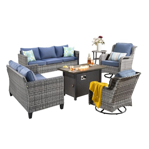 Muse 6-Pieces Wicker Outdoor Patio 42 in. Rectangular Fire Pit Set and Swivel Rocking Chairs with Denim Blue Cushions