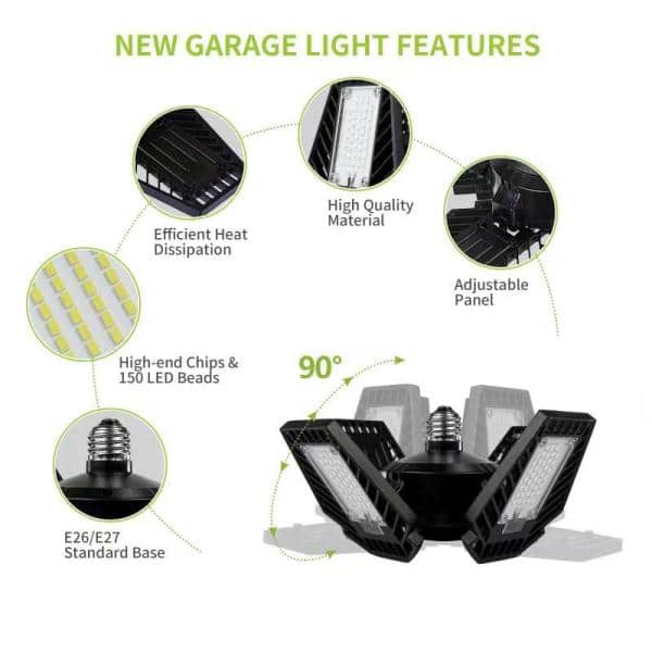 Black Aluminum 4-Panel Adjustable LED Garage Light
