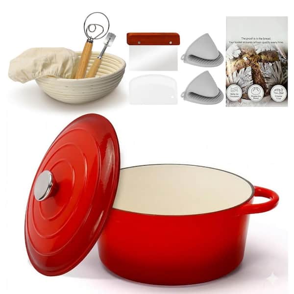 5 qt. Red Enameled Cast Iron Round Bread Oven with Lid and Proofing Basket for Baking, Braising, Roasting