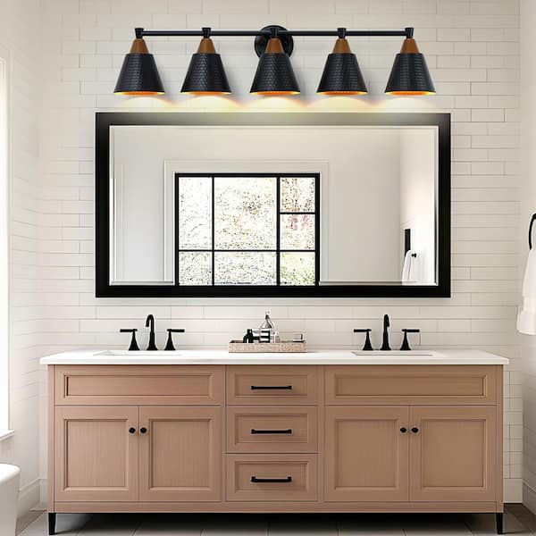 37.5 in. 5 Light Black and Wood Grain Vanity Light Fixture Over Mirror for Bathroom with Hammered Metal Shade
