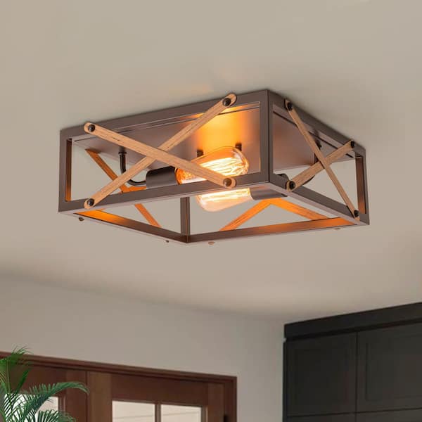 HUOKU Lumin 2-Light 14.2 in. W Oil Rubbed Bronze Flush Mount Geometric Square Ceiling Light with Metal Cage Frame for Kitchen
