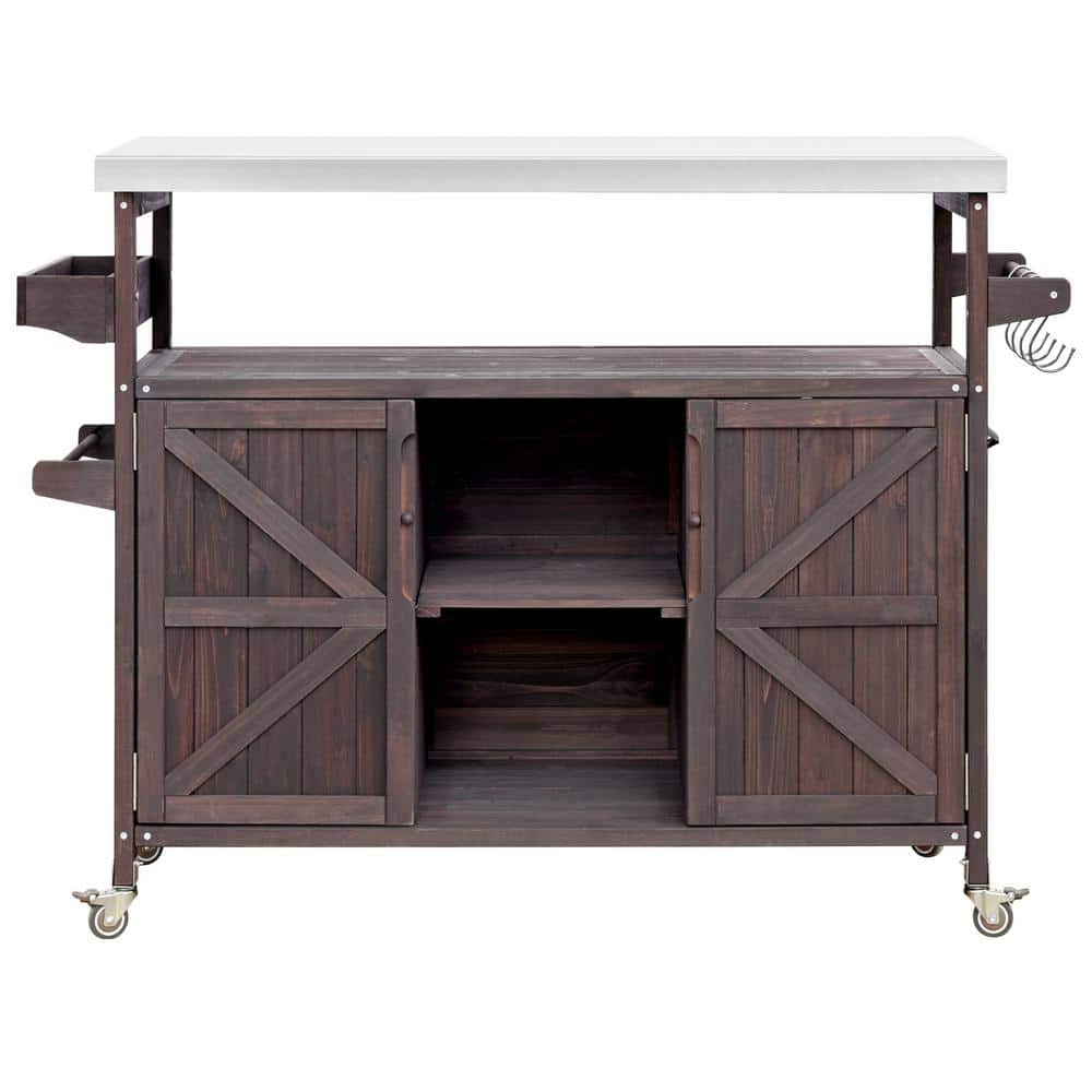 Dark Brown Solid Wood Outdoor Kitchen Island, Rolling Bar Cart Storage Cabi