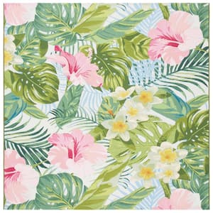 Barbados Green/Pink 7 ft. x 7 ft. Floral Indoor/Outdoor Patio  Square Area Rug