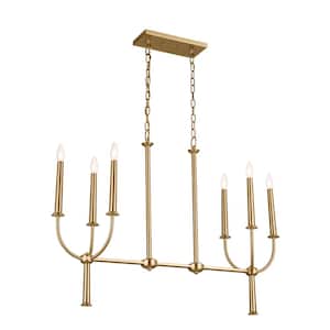 Florence 43 in. 6-Light Brushed Natural Brass Traditional Candle Linear Chandelier for Dining Room